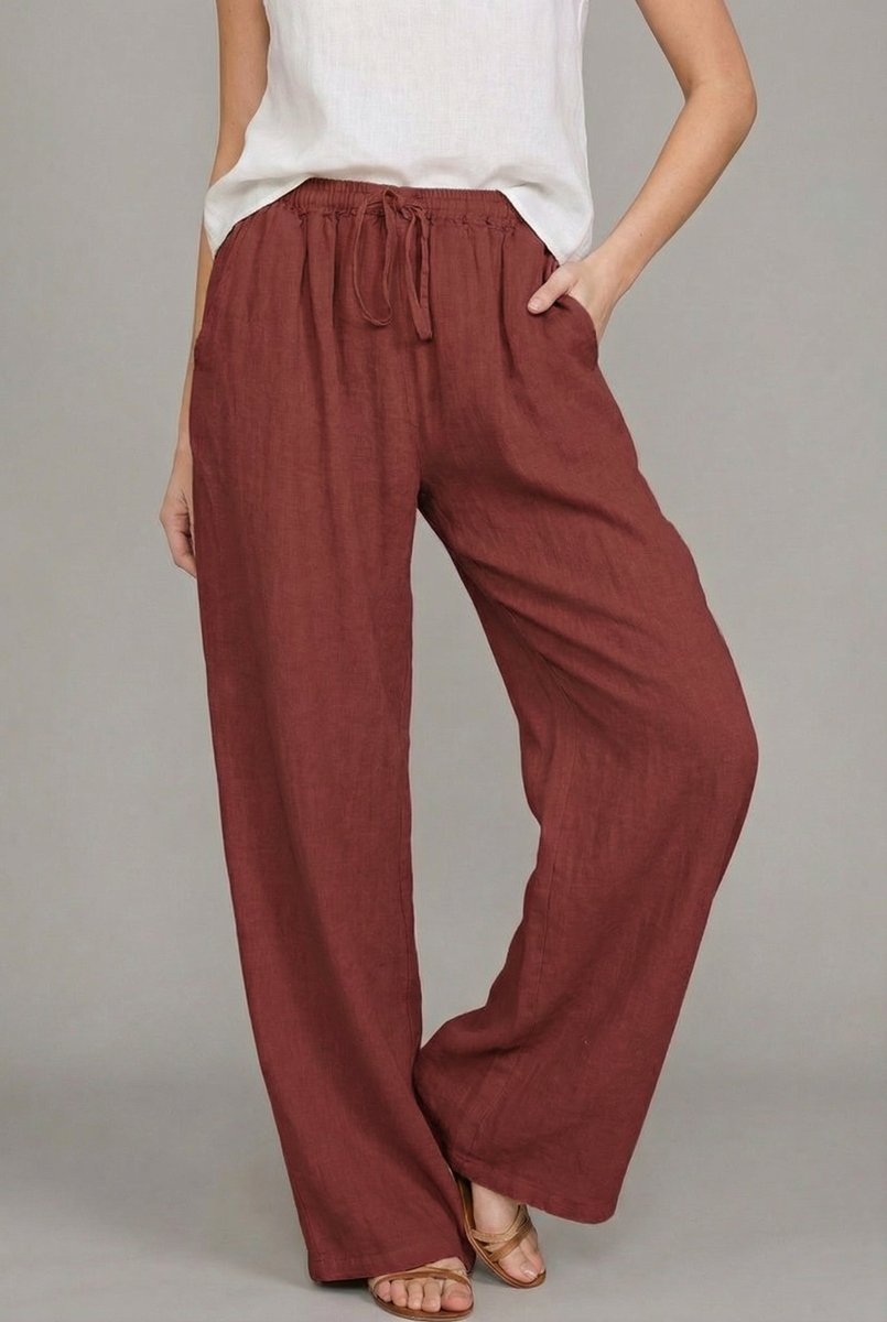 Women's Relaxed Linen Drawstring Wide Leg Pants - Wine Red