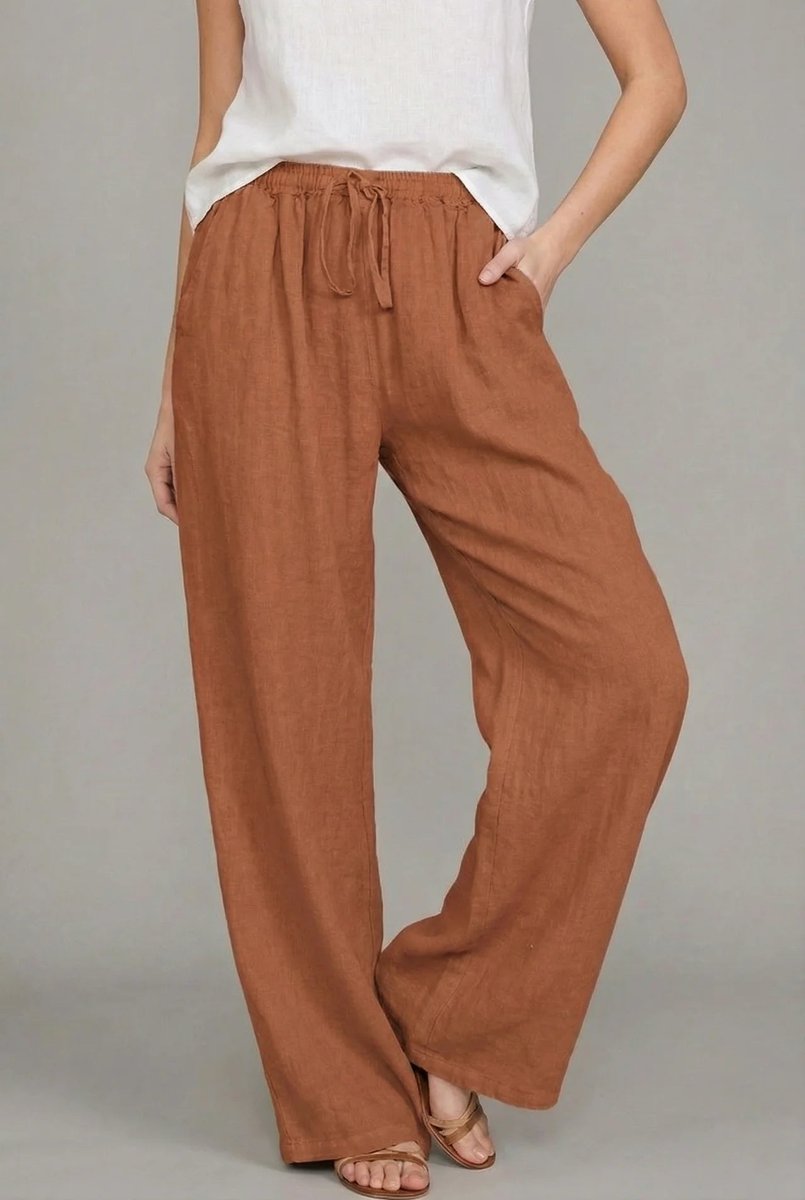 Women's Relaxed Linen Drawstring Wide Leg Pants - Orange