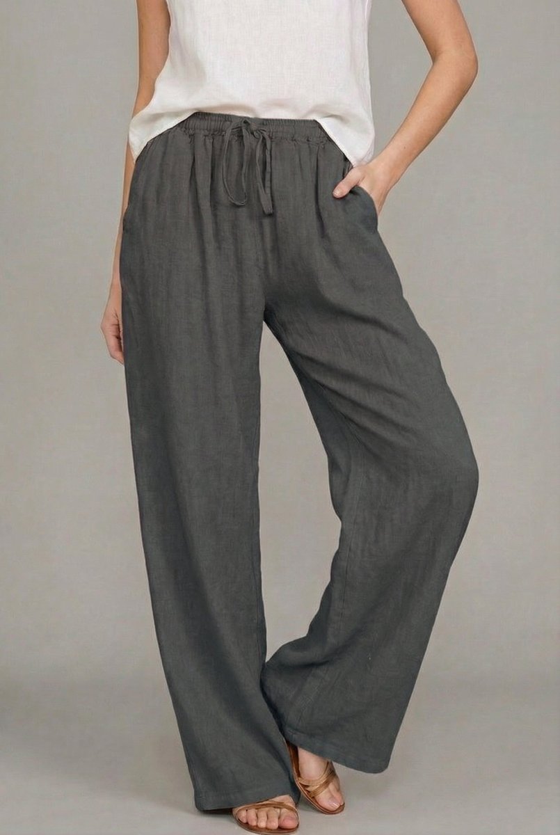 Women's Relaxed Linen Drawstring Wide Leg Pants - Dark gray