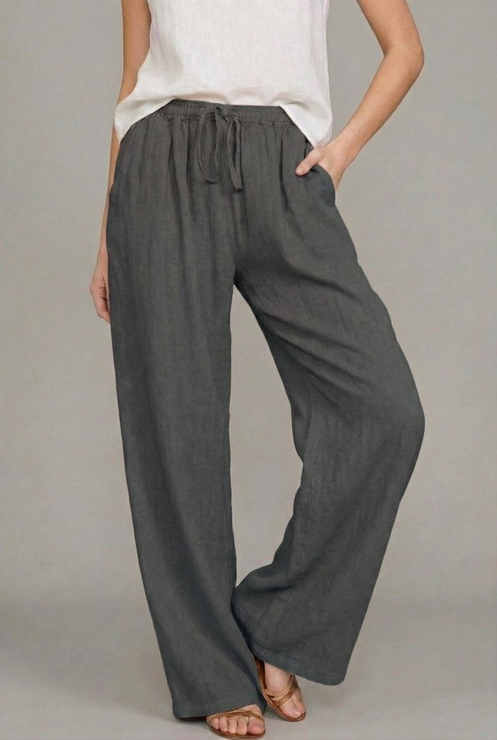 Women's Relaxed Linen Drawstring Wide Leg Pants - Dark gray