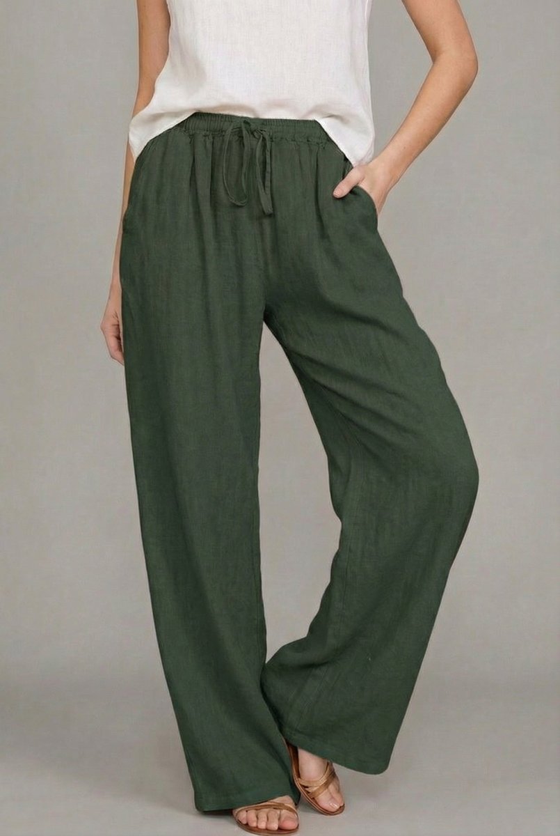 Women's Relaxed Linen Drawstring Wide Leg Pants - Green