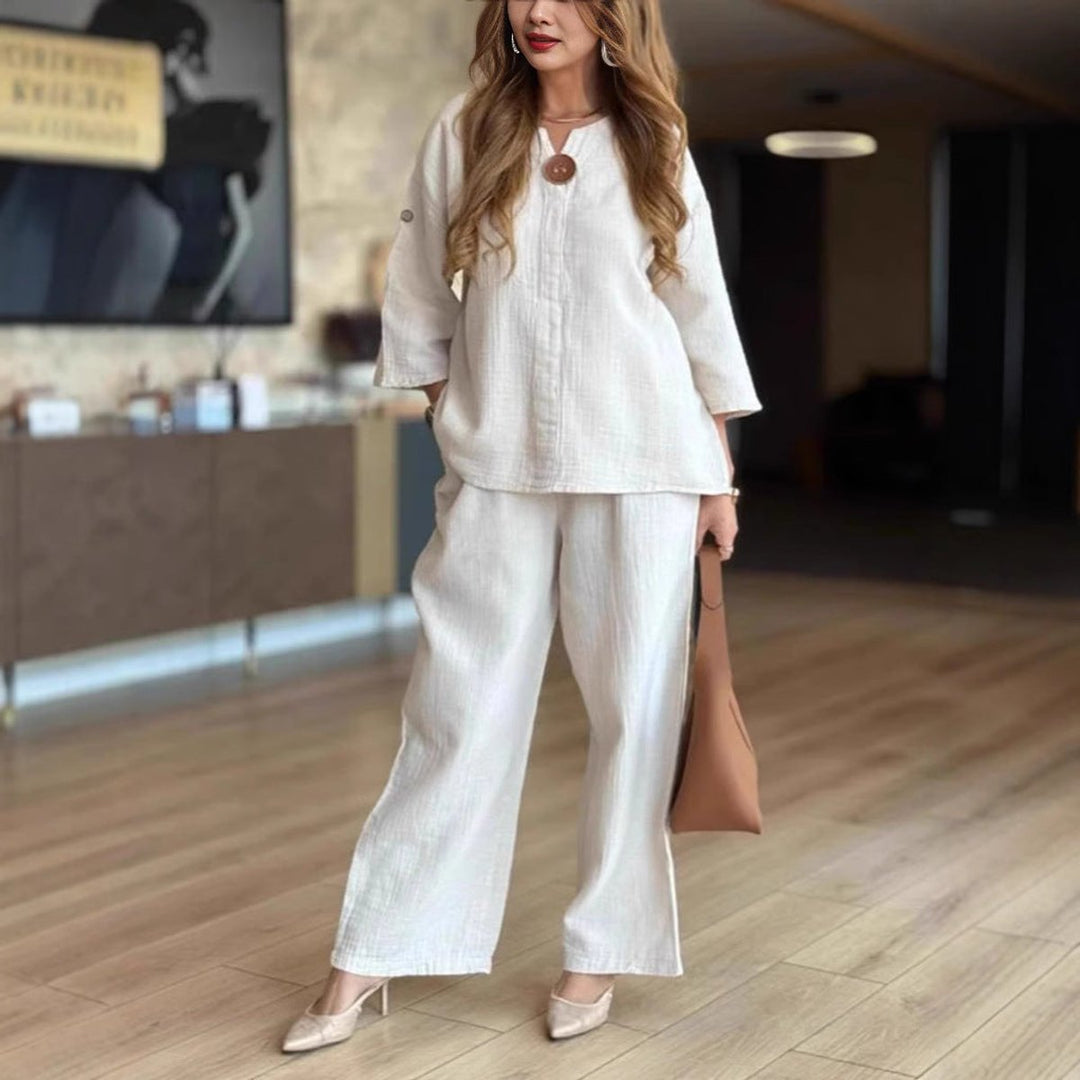 Women's Relaxed Linen-Look 3/4-Sleeve Tunic Wide-Leg Pants Set