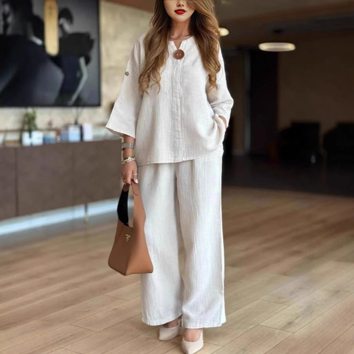 Women's Relaxed Linen-Look 3/4-Sleeve Tunic Wide-Leg Pants Set