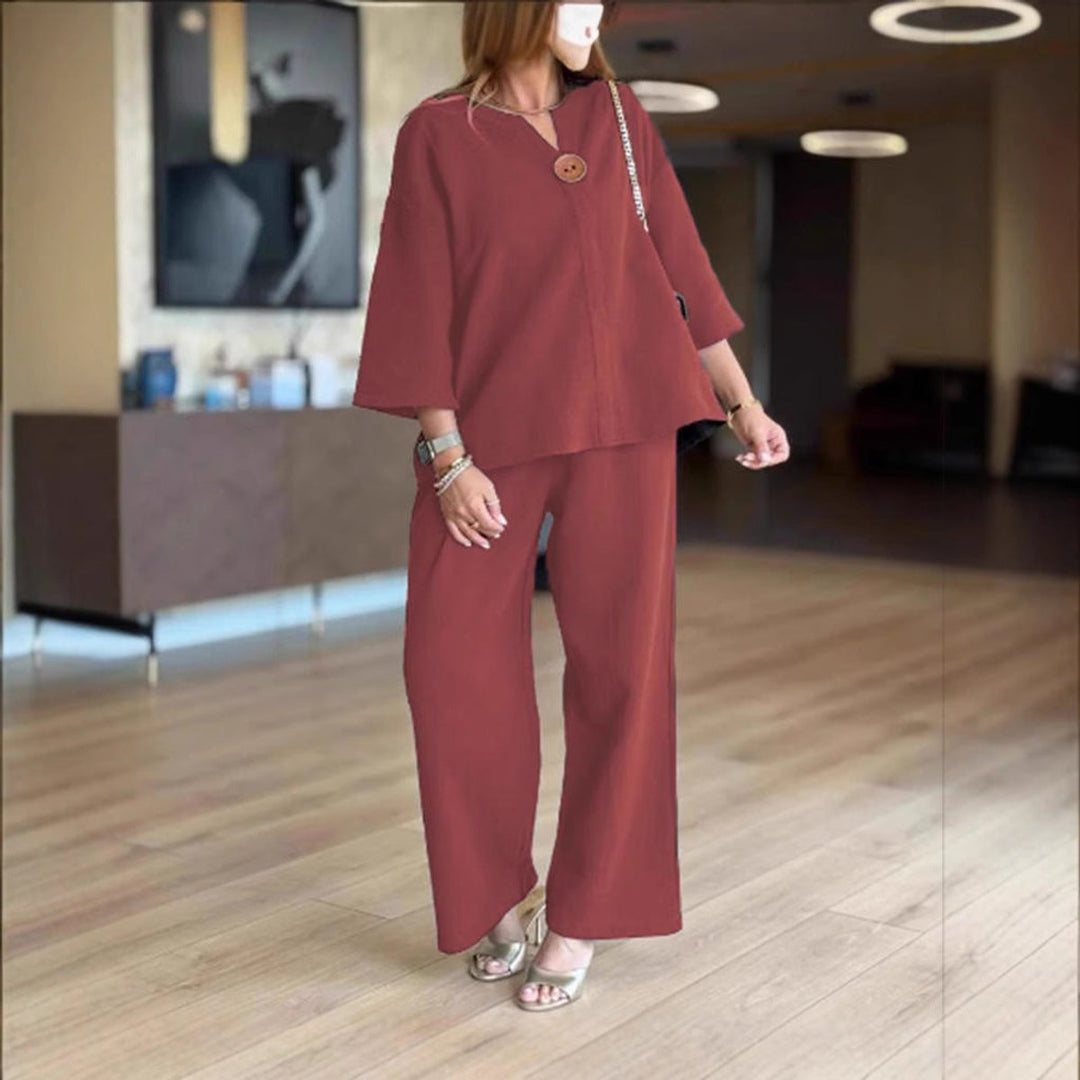 Women's Relaxed Linen-Look 3/4-Sleeve Tunic Wide-Leg Pants Set - Bordeaux