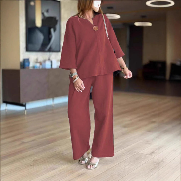 Women's Relaxed Linen-Look 3/4-Sleeve Tunic Wide-Leg Pants Set - Bordeaux