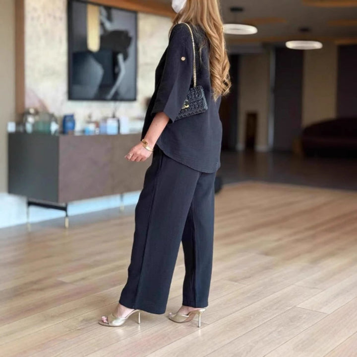 Women's Relaxed Linen-Look 3/4-Sleeve Tunic Wide-Leg Pants Set