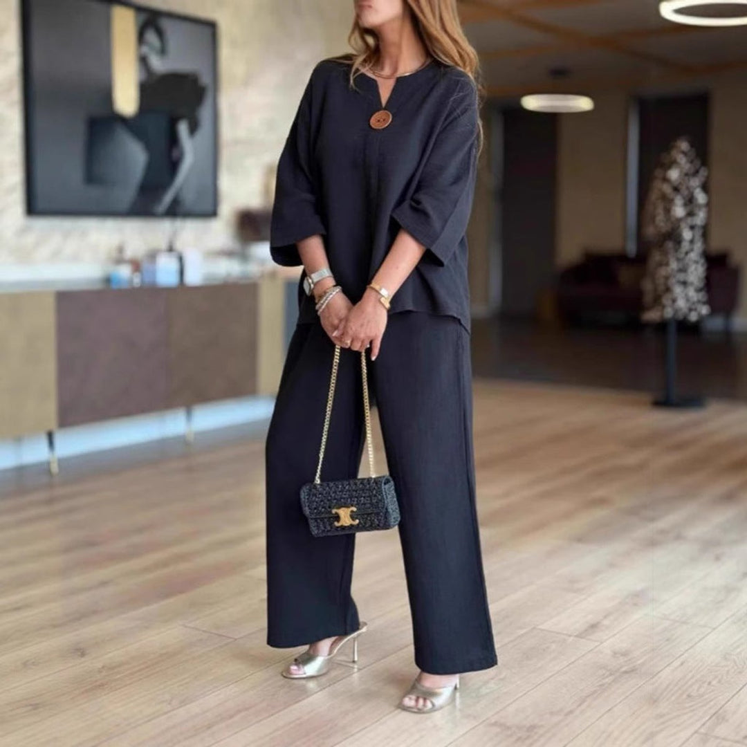 Women's Relaxed Linen-Look 3/4-Sleeve Tunic Wide-Leg Pants Set