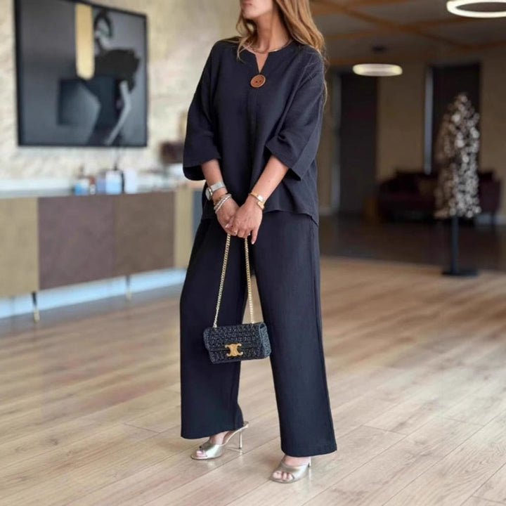 Women's Relaxed Linen-Look 3/4-Sleeve Tunic Wide-Leg Pants Set
