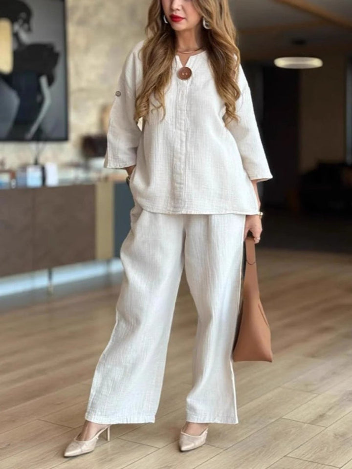 Women's Relaxed Linen-Look 3/4-Sleeve Tunic Wide-Leg Pants Set - Weiß