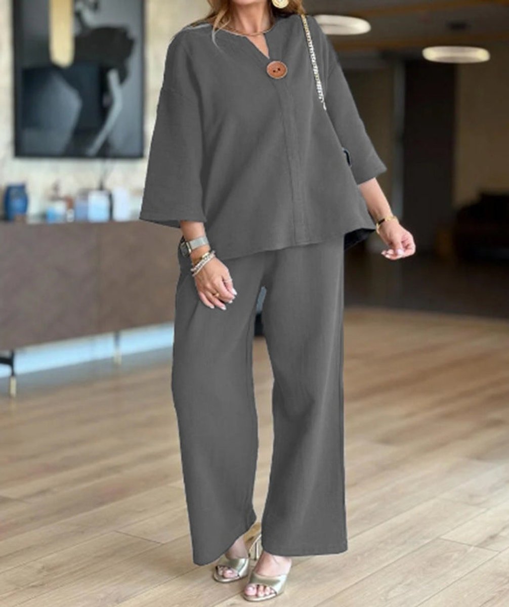 Women's Relaxed Linen-Look 3/4-Sleeve Tunic Wide-Leg Pants Set - Grau