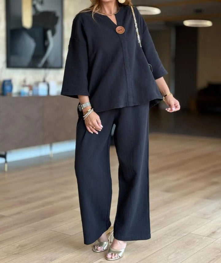Women's Relaxed Linen-Look 3/4-Sleeve Tunic Wide-Leg Pants Set - Schwarz