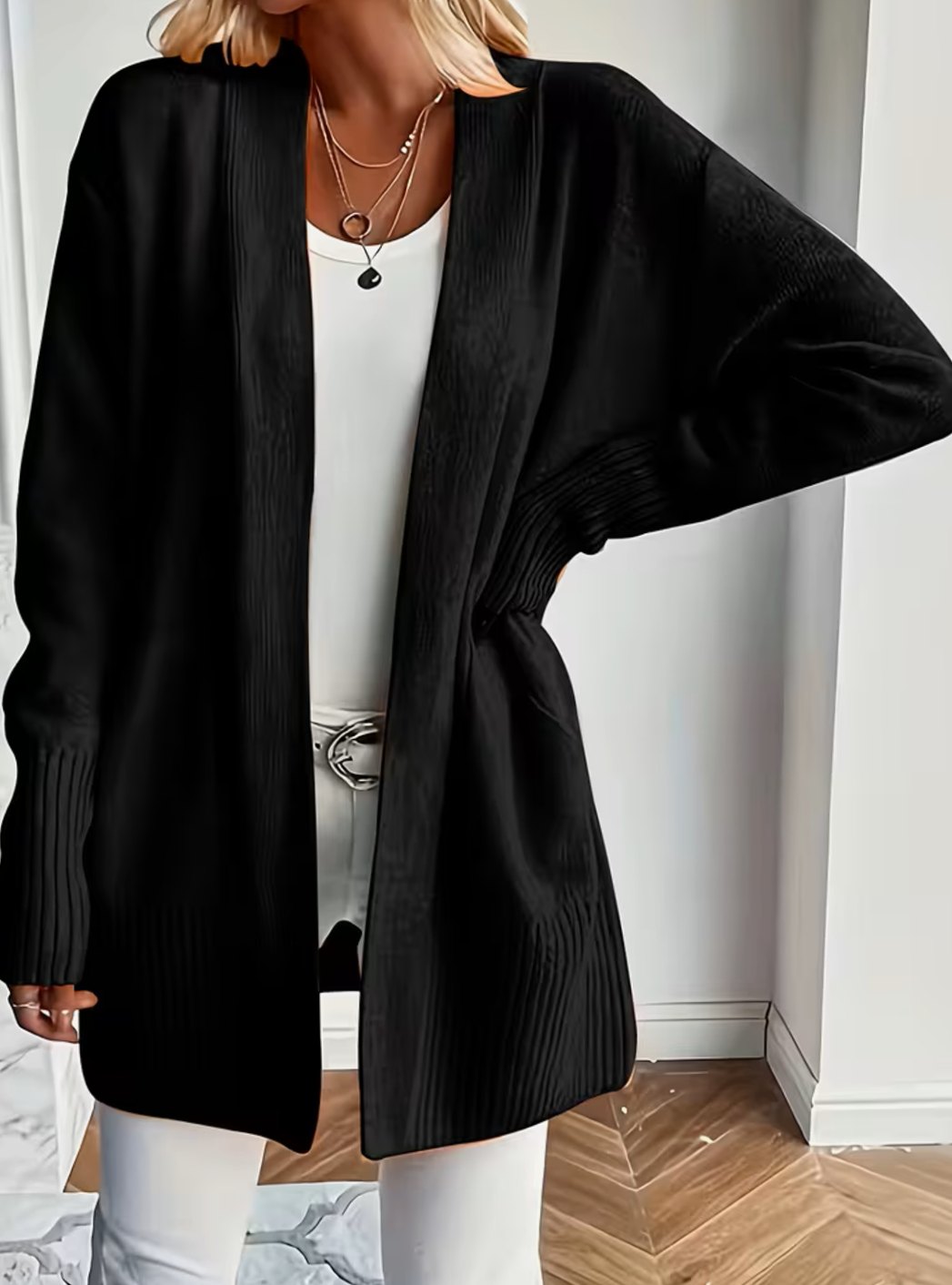 Women's Relaxed Open-Front Ribbed Knit Cardigan - Black