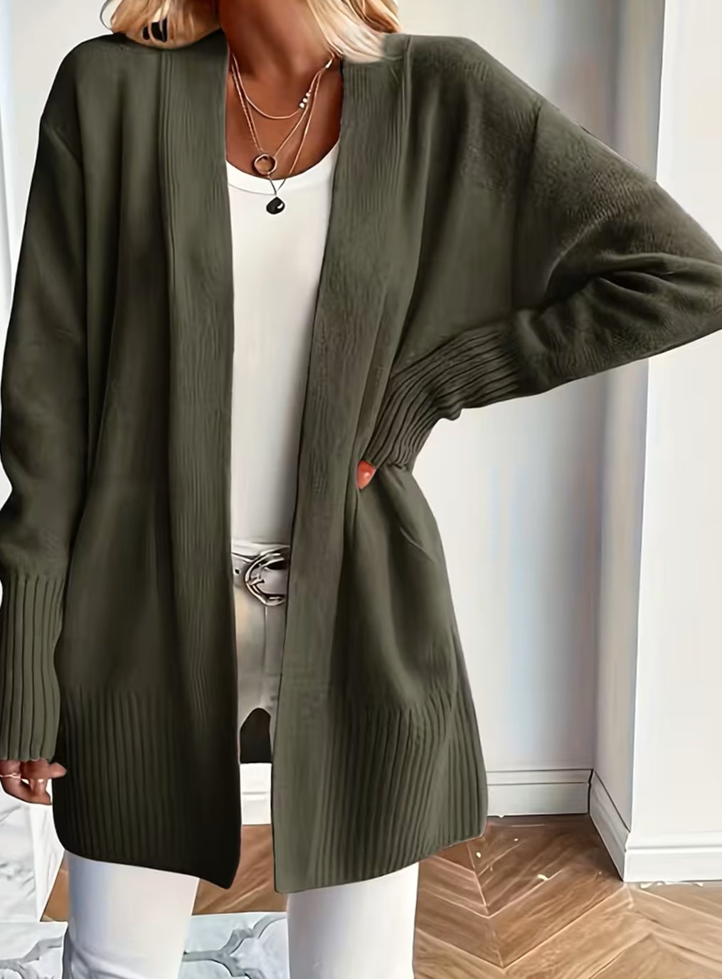 Women's Relaxed Open-Front Ribbed Knit Cardigan - Olive Green