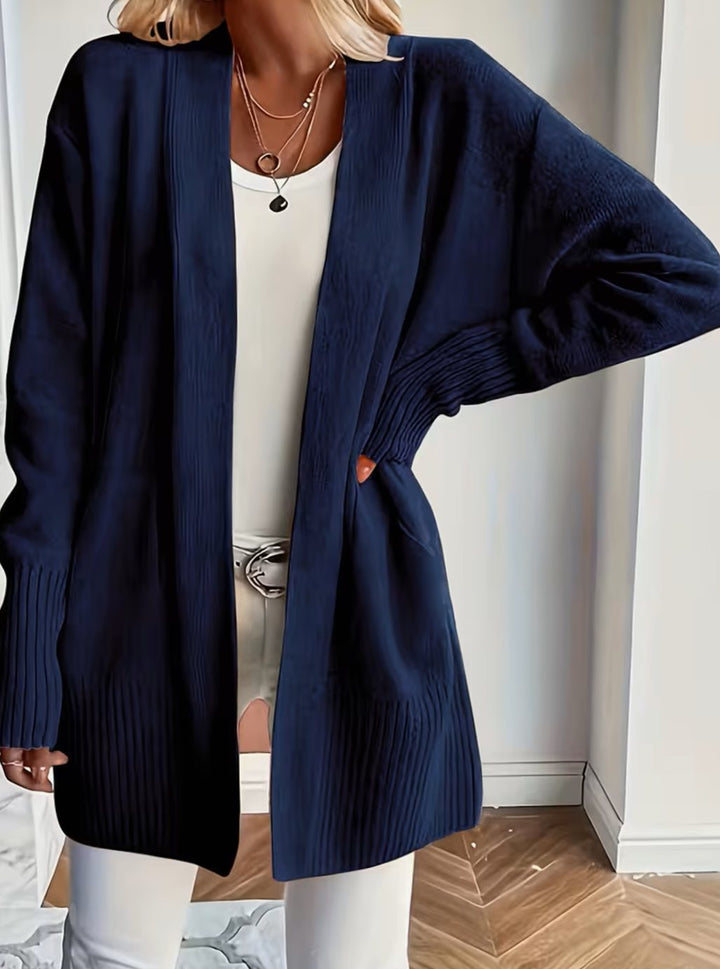 Women's Relaxed Open-Front Ribbed Knit Cardigan - Navy