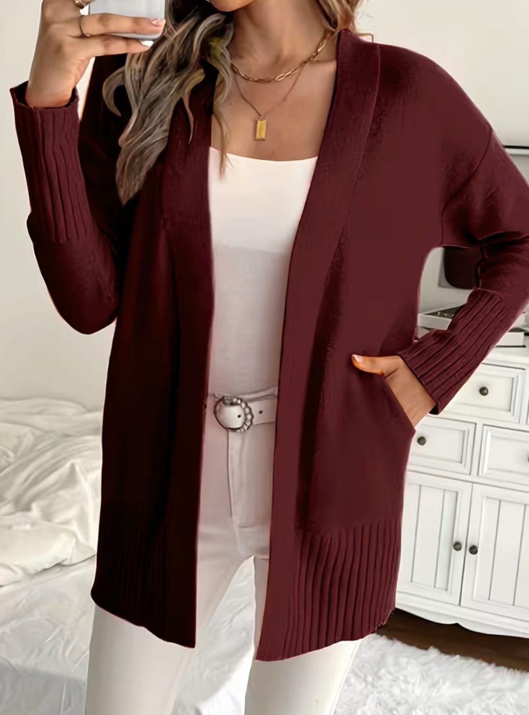 Women's Relaxed Open-Front Ribbed Knit Cardigan - Burgundy