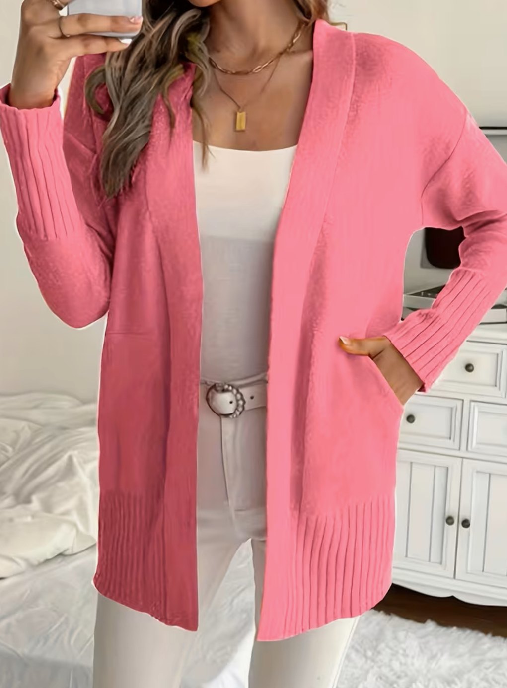 Women's Relaxed Open-Front Ribbed Knit Cardigan - Magenta