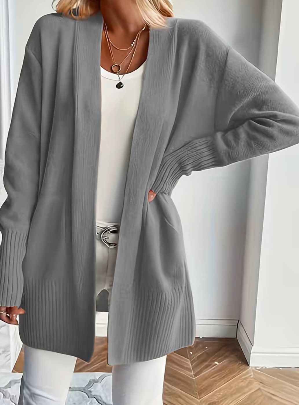 Women's Relaxed Open-Front Ribbed Knit Cardigan - Grey