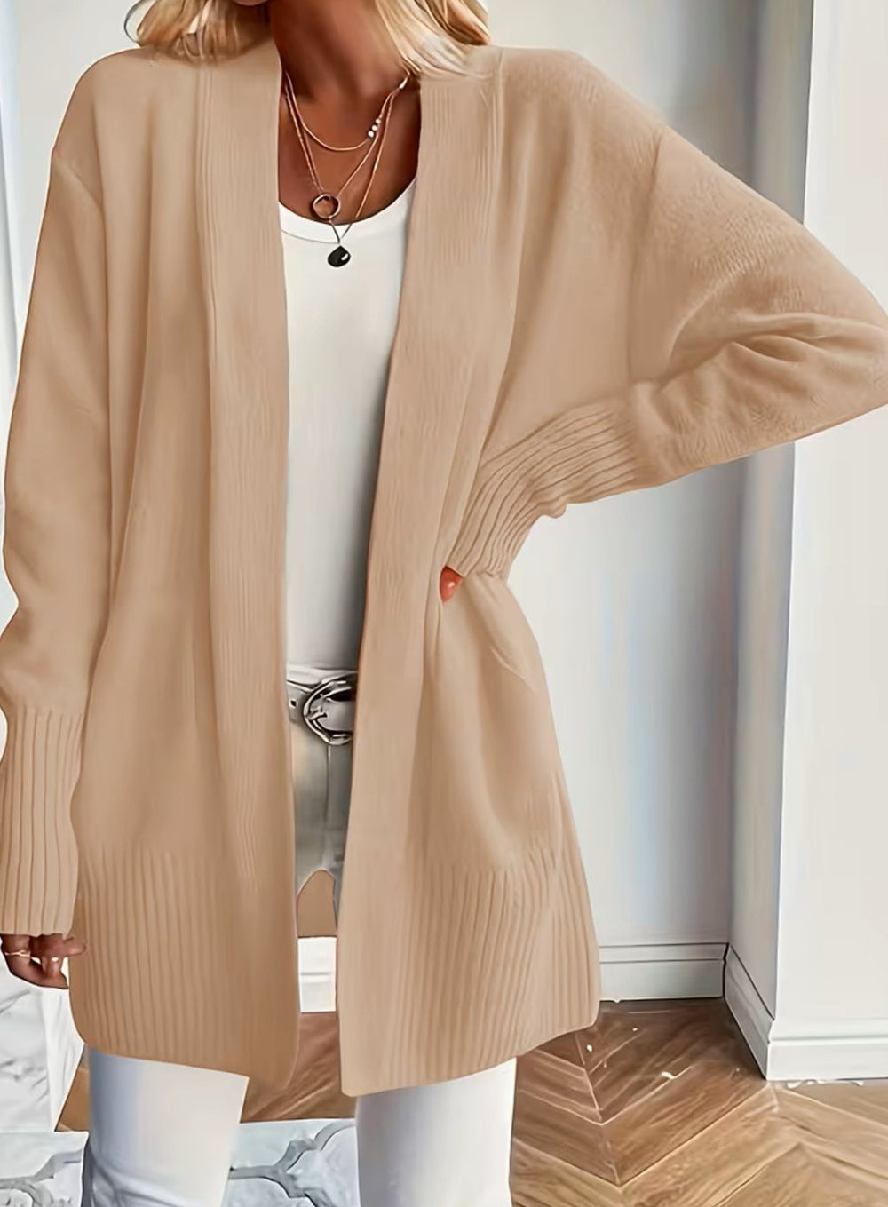 Women's Relaxed Open-Front Ribbed Knit Cardigan - Khaki