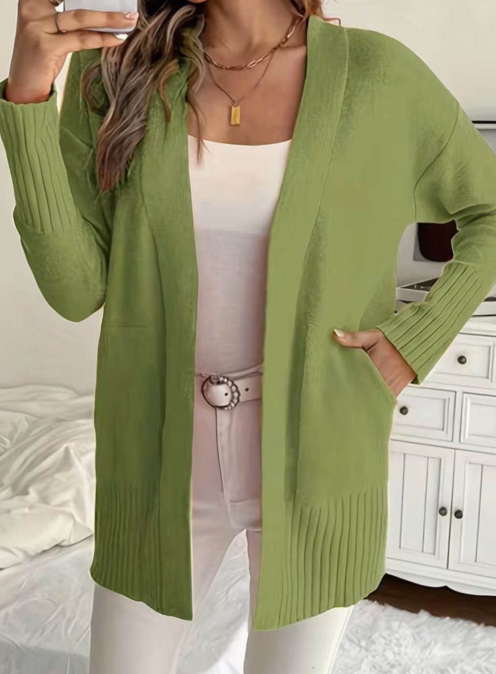 Women's Relaxed Open-Front Ribbed Knit Cardigan - Green