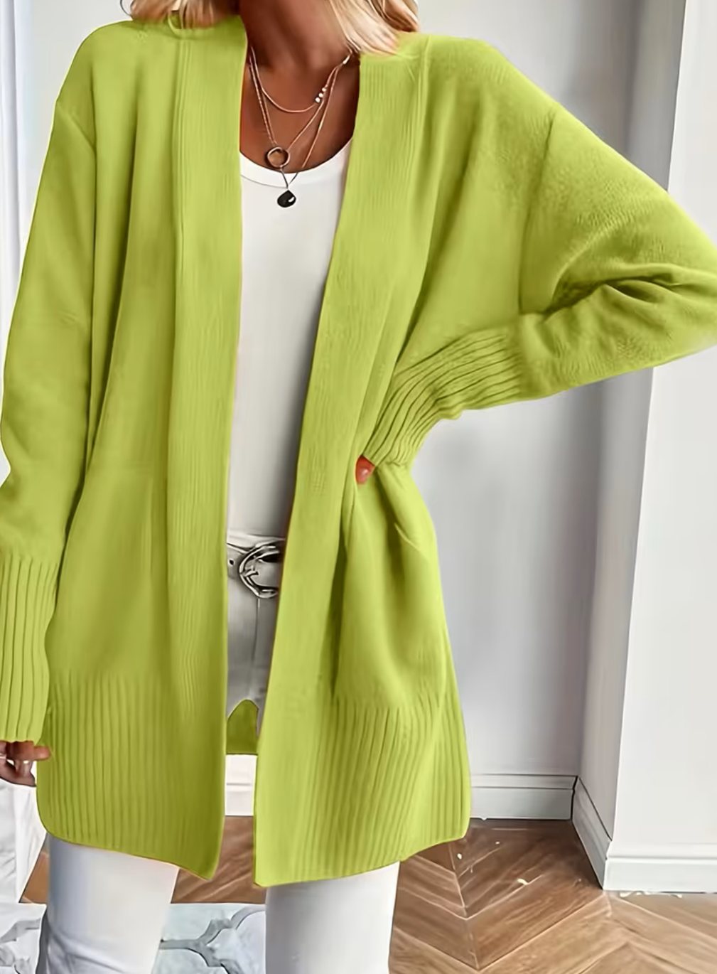 Women's Relaxed Open-Front Ribbed Knit Cardigan - Greenish Yellow