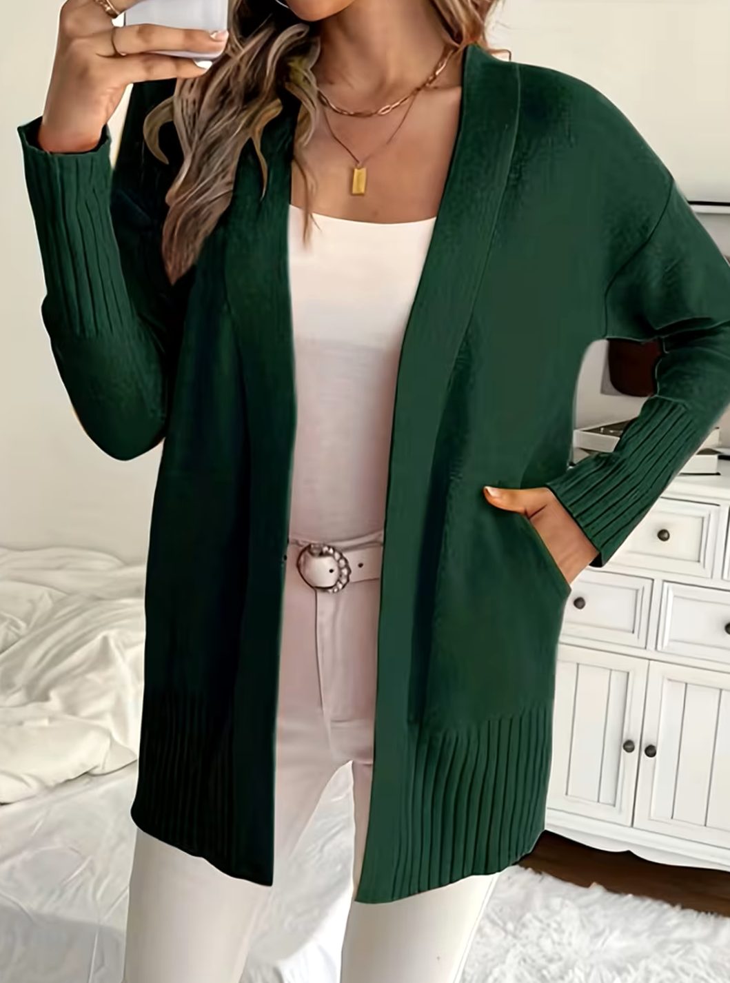 Women's Relaxed Open-Front Ribbed Knit Cardigan - Dark Green