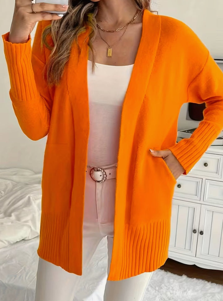 Women's Relaxed Open-Front Ribbed Knit Cardigan - Orange Red