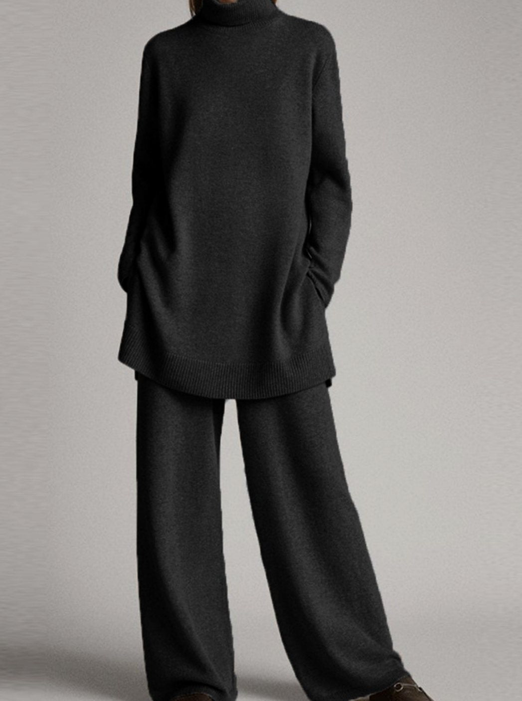 Women's Relaxed Turtleneck Knit Lounge Set Wide-Leg Pants - Black