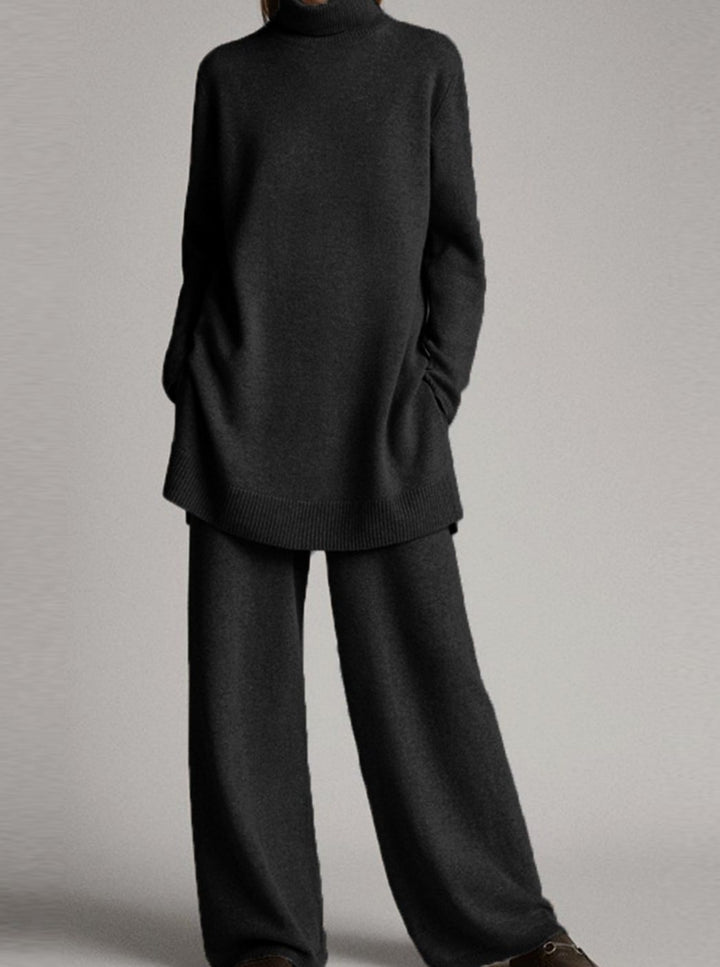 Women's Relaxed Turtleneck Knit Lounge Set Wide-Leg Pants - Black