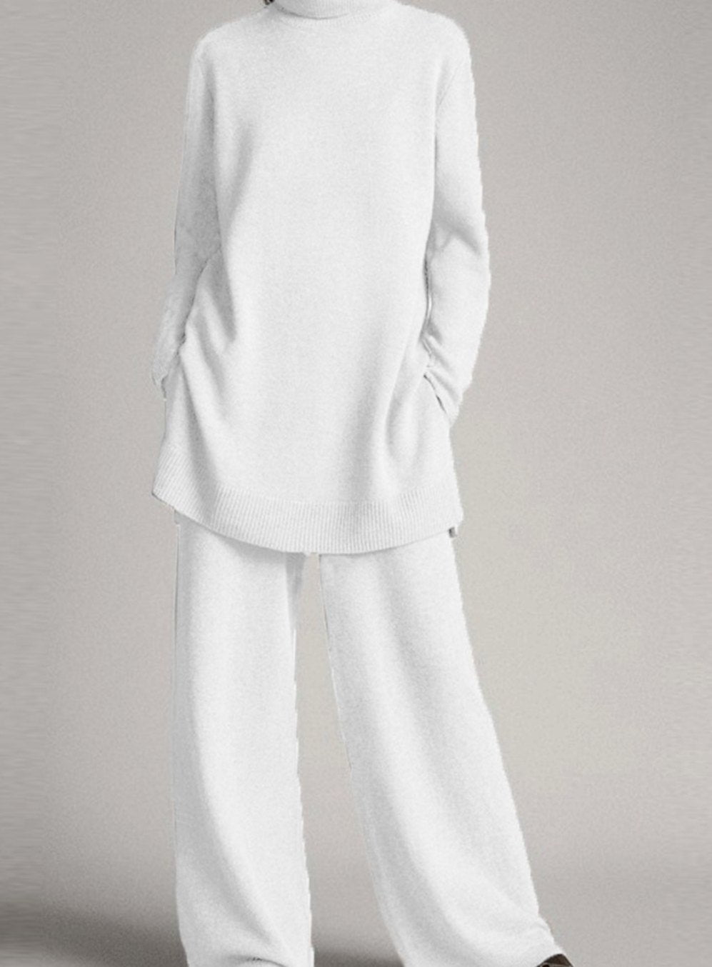 Women's Relaxed Turtleneck Knit Lounge Set Wide-Leg Pants - White
