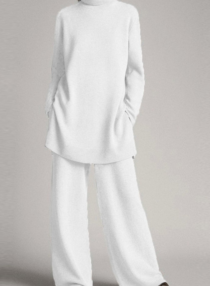 Women's Relaxed Turtleneck Knit Lounge Set Wide-Leg Pants - White
