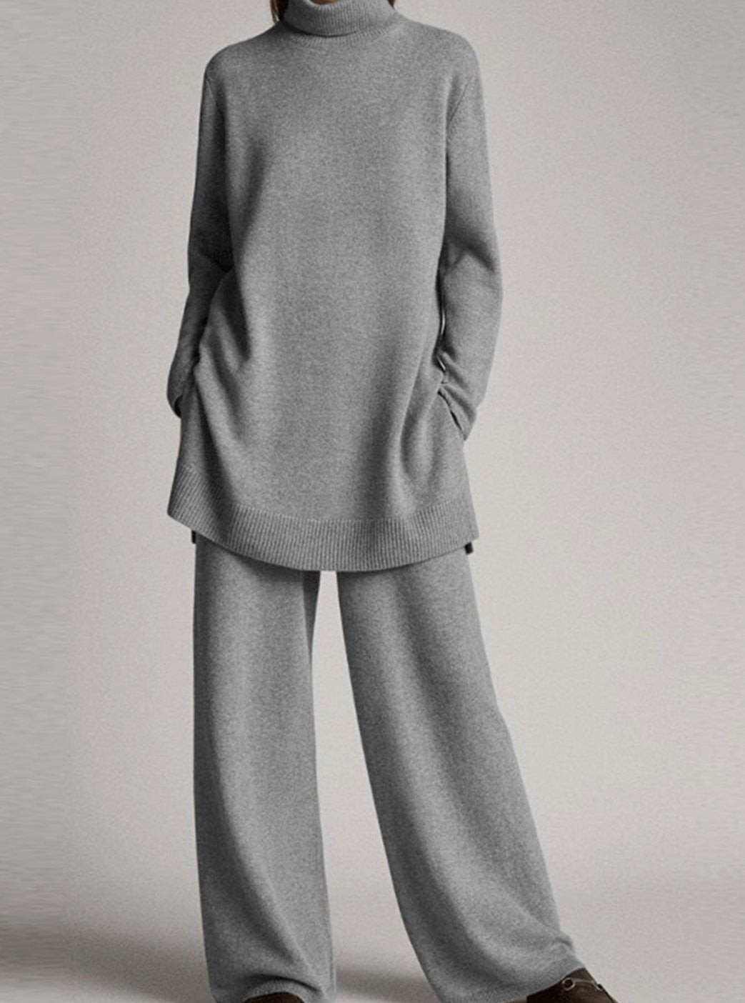 Women's Relaxed Turtleneck Knit Lounge Set Wide-Leg Pants - Grey