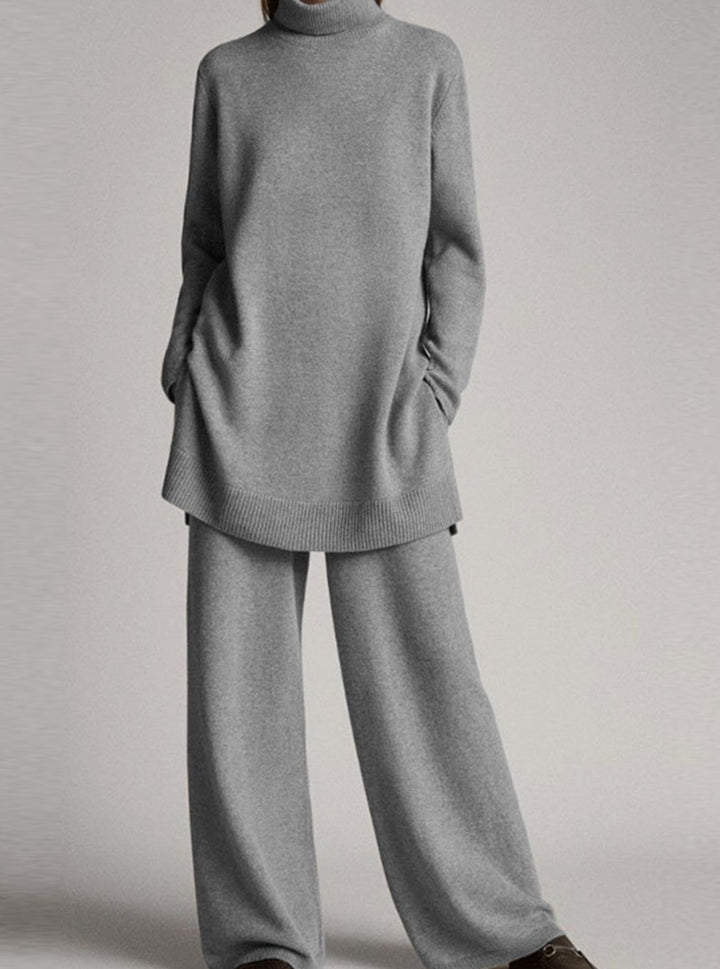 Women's Relaxed Turtleneck Knit Lounge Set Wide-Leg Pants - Grey