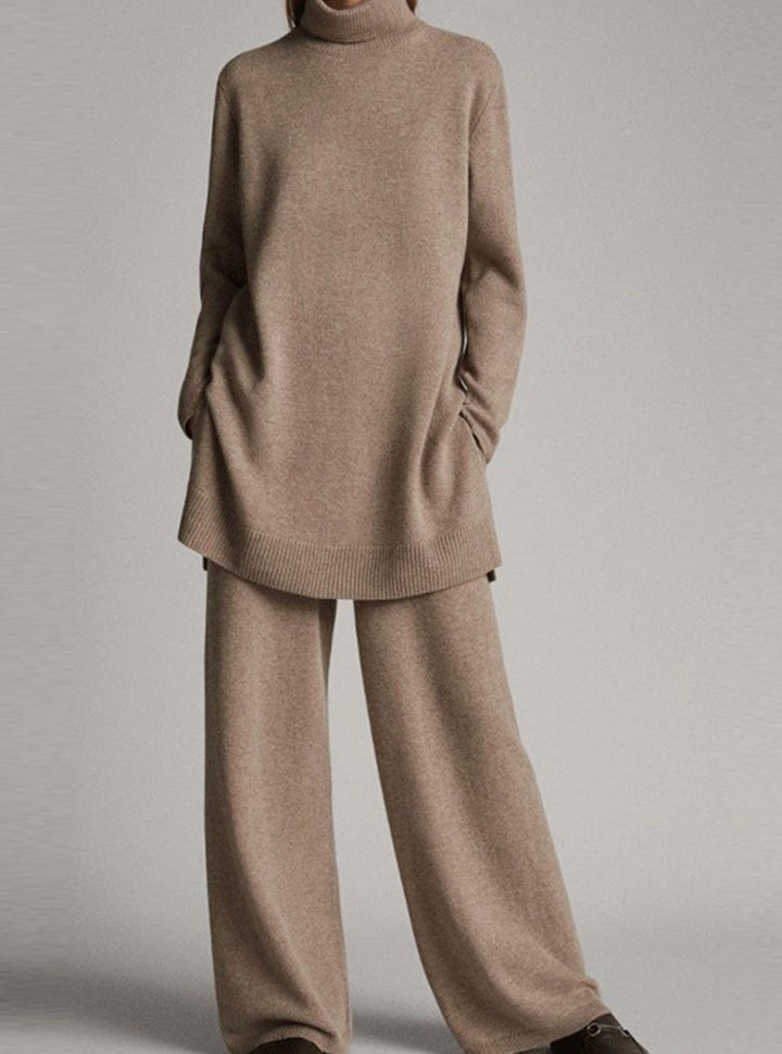 Women's Relaxed Turtleneck Knit Lounge Set Wide-Leg Pants - Beige