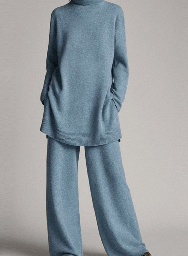 Women's Relaxed Turtleneck Knit Lounge Set Wide-Leg Pants - Blue