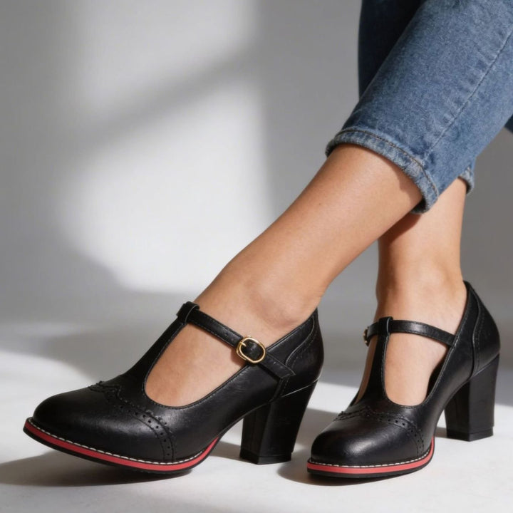 Women's Retro Brogue T-Bar Block Heel Pumps