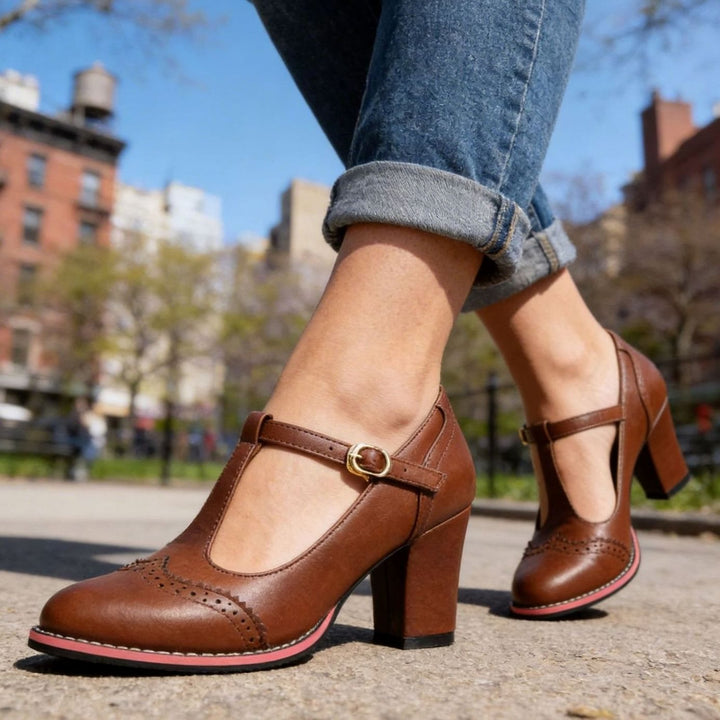 Women's Retro Brogue T-Bar Block Heel Pumps