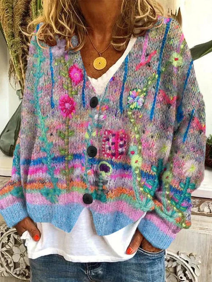 Women's Retro Floral Button-Up Boho Knit Cardigan - Grey