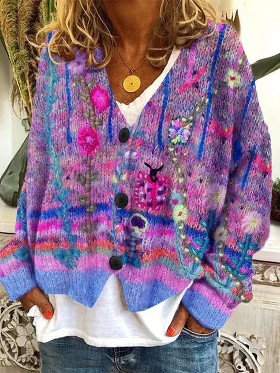 Women's Retro Floral Button-Up Boho Knit Cardigan