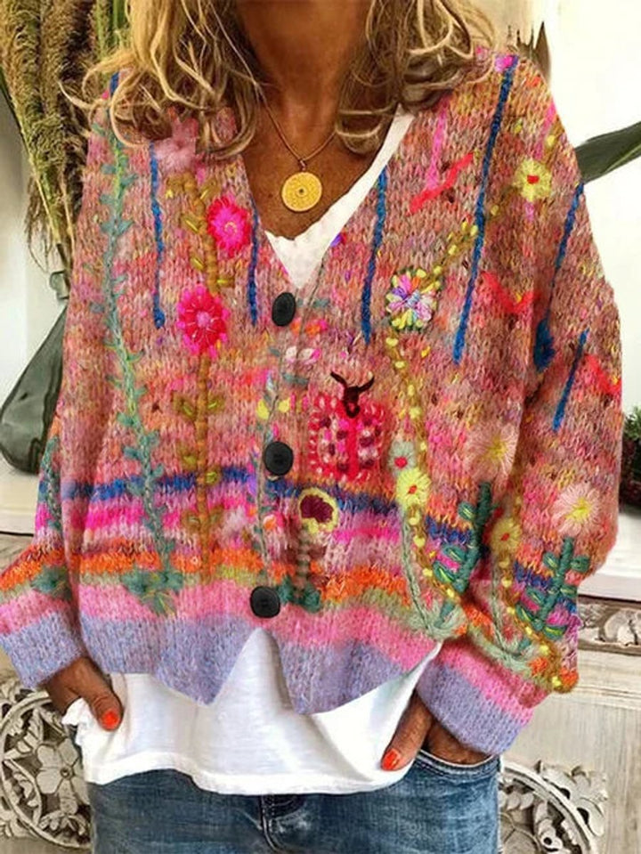 Women's Retro Floral Button-Up Boho Knit Cardigan - Orange