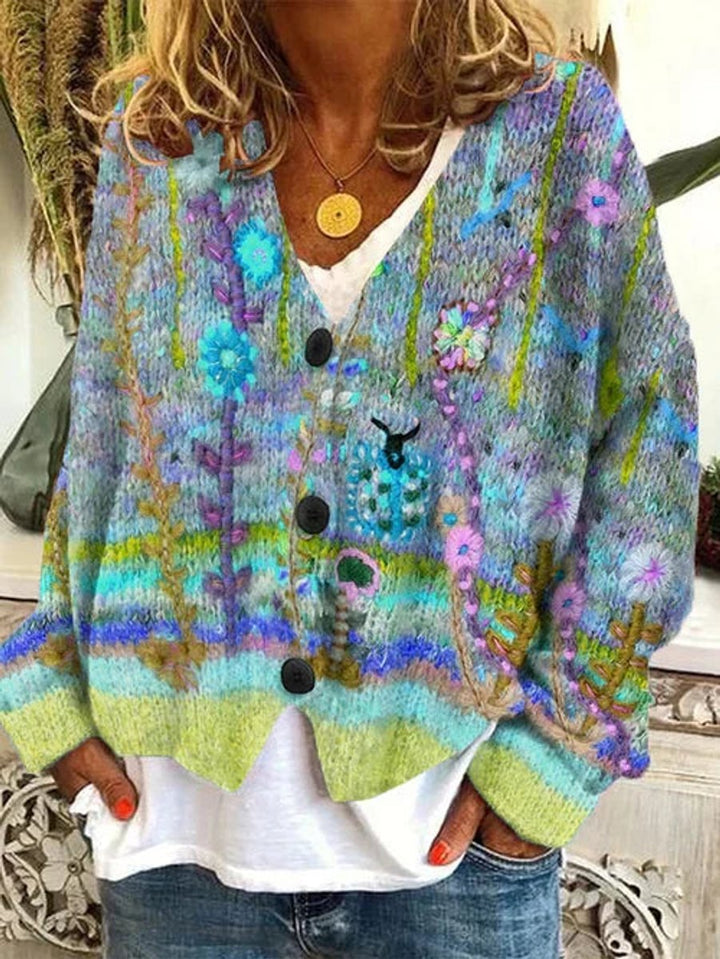 Women's Retro Floral Button-Up Boho Knit Cardigan - Blue