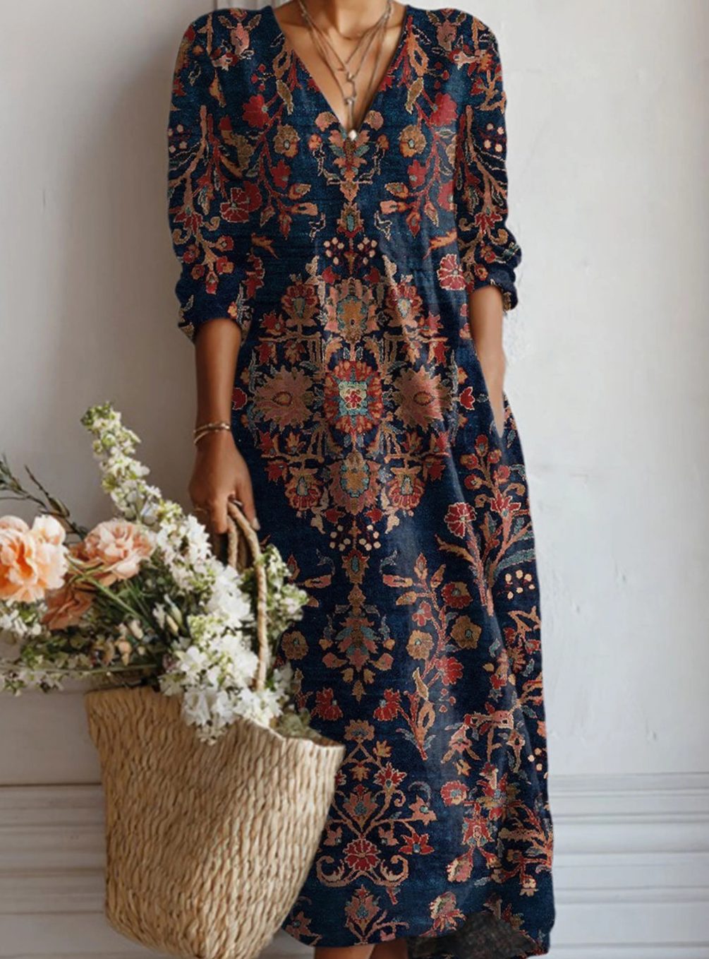 Women's Retro Floral Relaxed-Fit Pocket Long Sleeve Dress - Multicolor