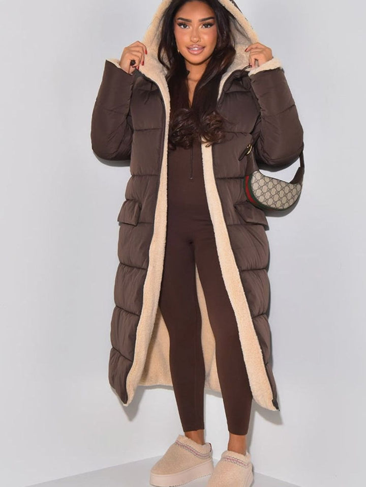 Women's Reversible Quilted Longline Hooded Puffer Coat - Brown