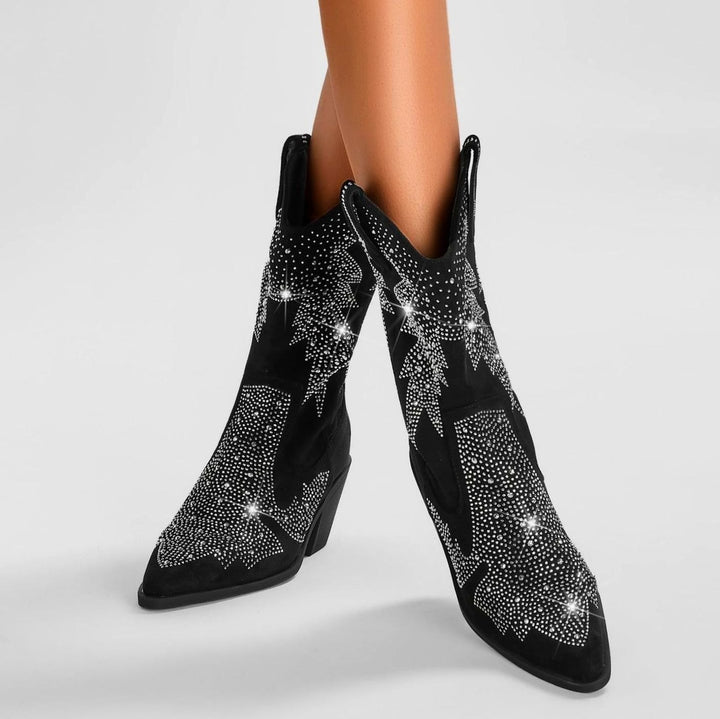Women's Rhinestone Mid-Calf Wide Shaft Cowboy Boots