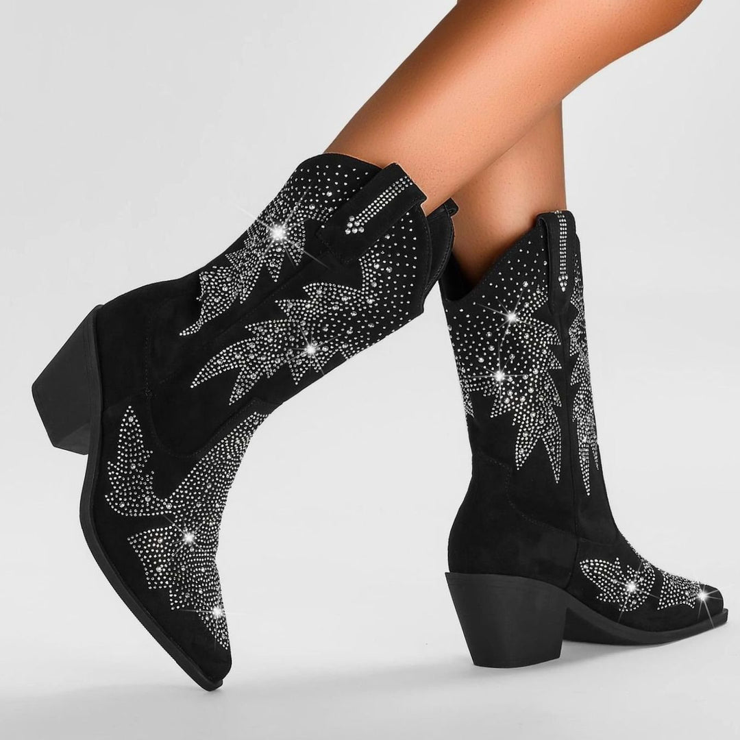Women's Rhinestone Mid-Calf Wide Shaft Cowboy Boots