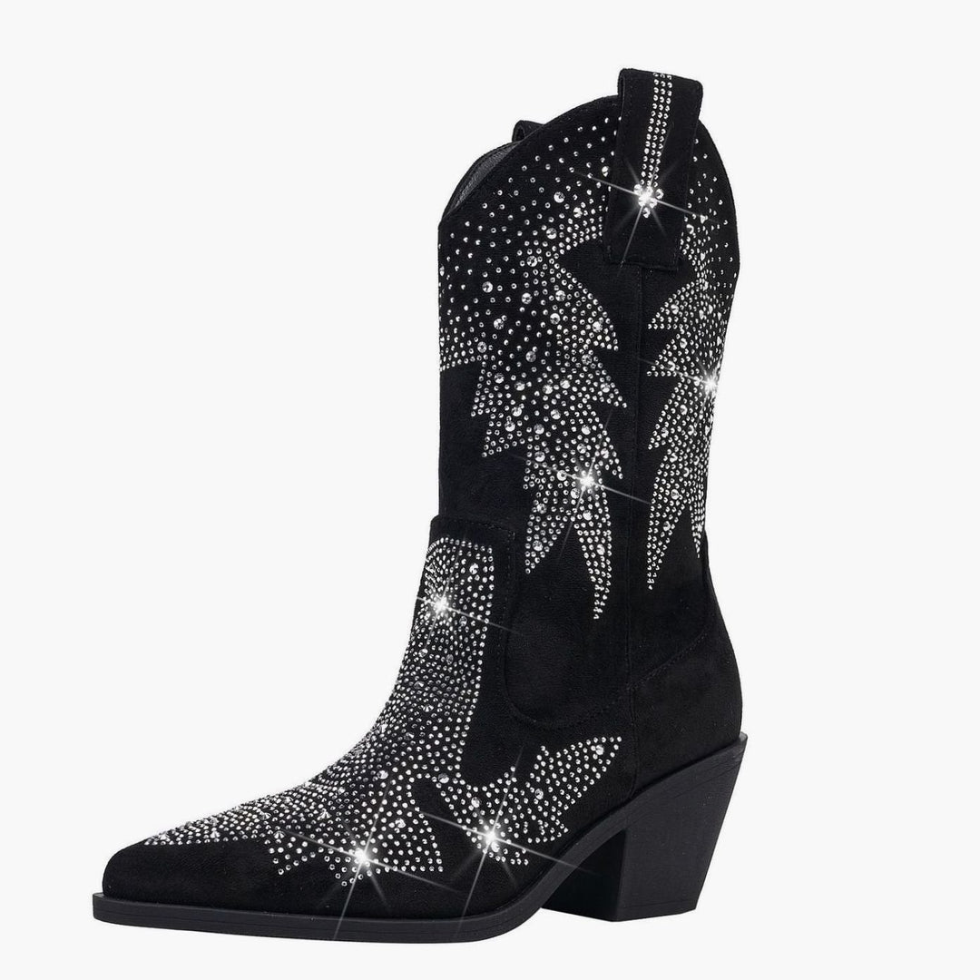 Women's Rhinestone Mid-Calf Wide Shaft Cowboy Boots - Black
