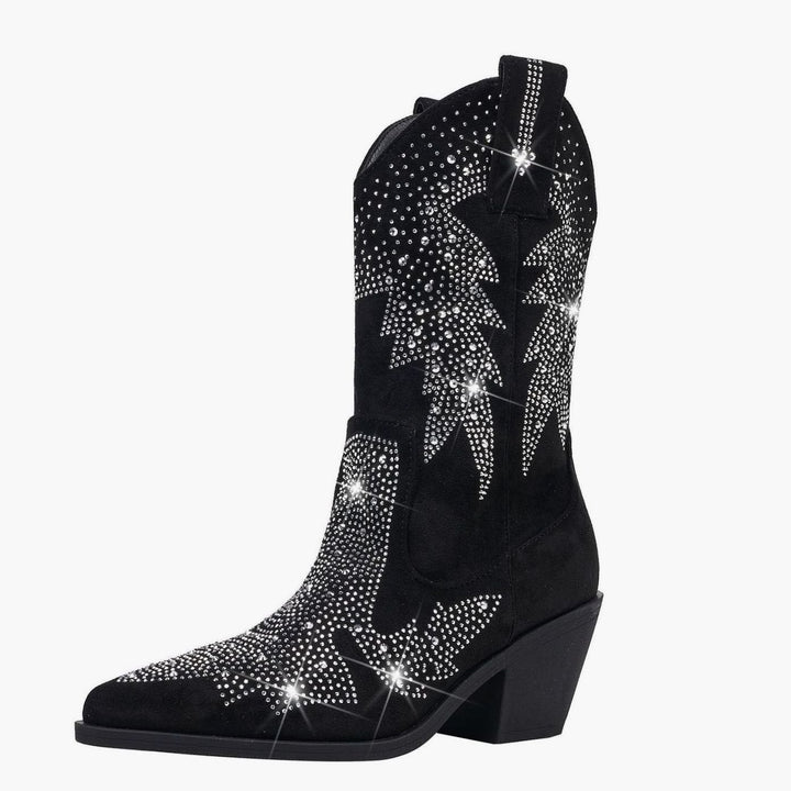 Women's Rhinestone Mid-Calf Wide Shaft Cowboy Boots - Black