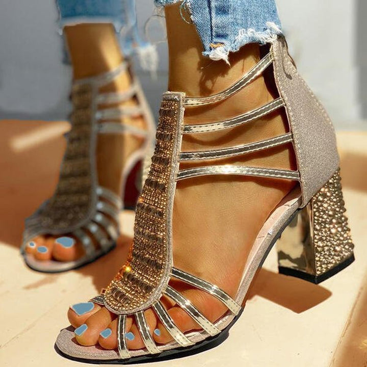 Women's Rhinestone Strappy Block Heel Comfortable Sandals