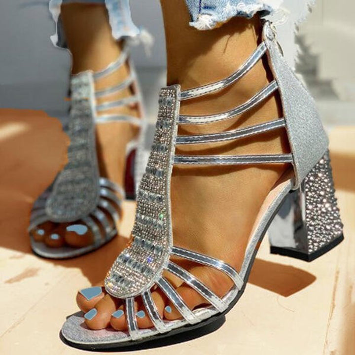 Women's Rhinestone Strappy Block Heel Comfortable Sandals