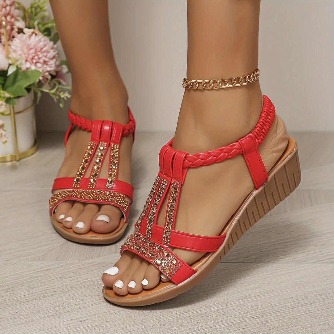 Women's Rhinestone T-Strap Wedge Orthopedic Sandals - Red