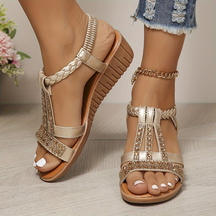 Women's Rhinestone T-Strap Wedge Orthopedic Sandals - Rose Gold